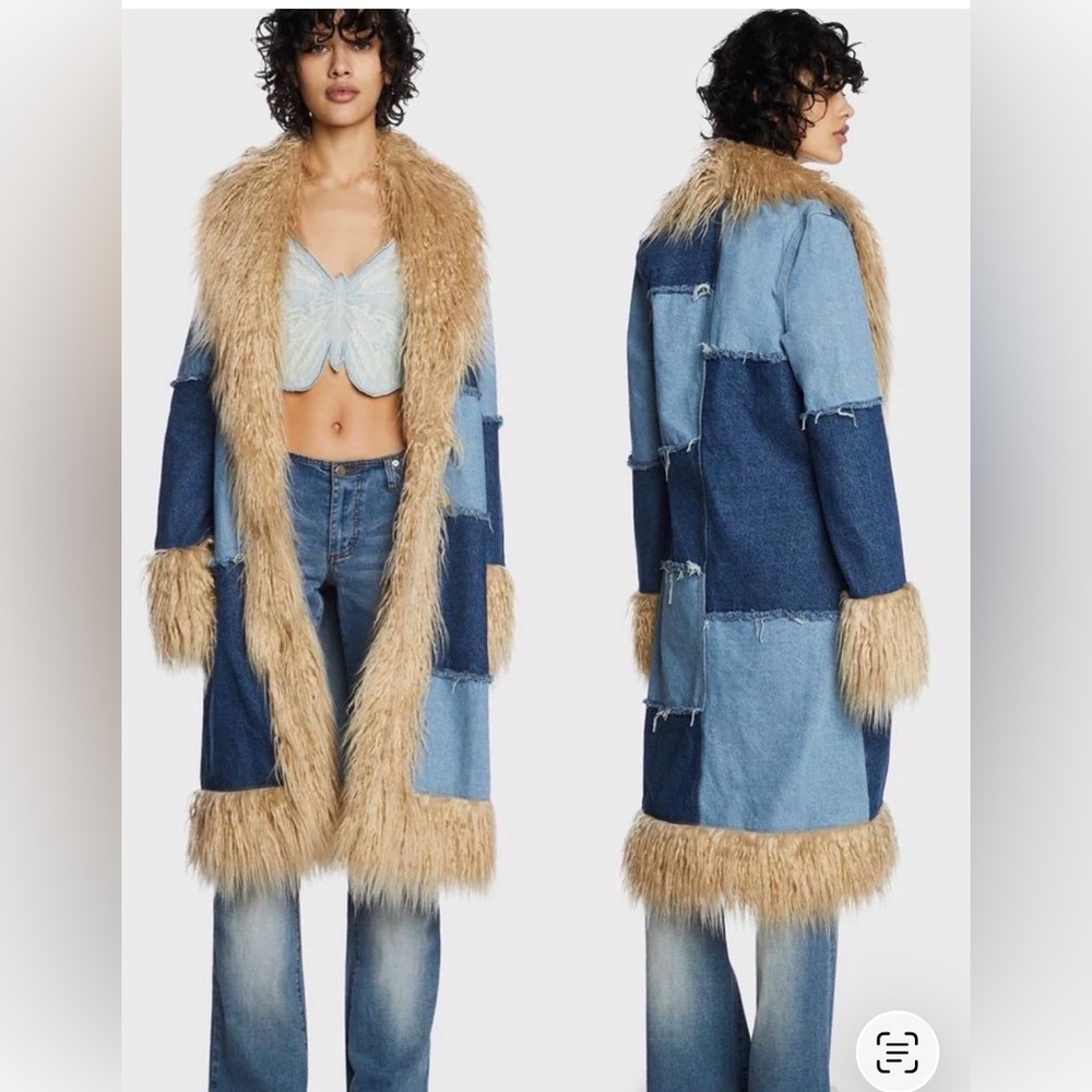 RARE Dolls Kill Milk-It Vagabond Patchwork Denim Faux Fur Jacket 10